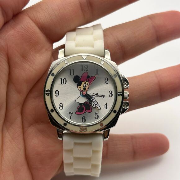 Disney Minnie Mouse Silver Tone White Silicon Band Watch Working New Battery - Picture 5 of 8